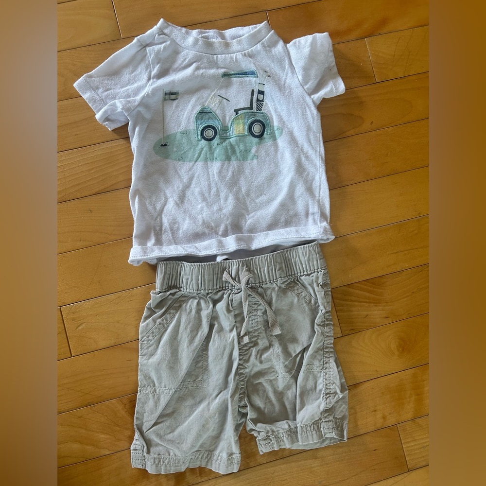 White Golf Cart T-Shirt and Tan Shorts Set